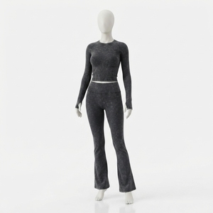 Women <b>Black</b> Acid Wash Long Sleeve Crop Top Flare <b>Leggings</b> Set High Waist Gym Yoga Workout Activewear - Product Image 1