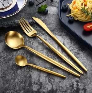 Juego de cubiertos de acero inoxidable con mango de bambú dorado, cuchillo de mesa, tenedor, cuchara para sopa, cuchara de té, vajilla metálica, utensilios para catering - Product Image 2