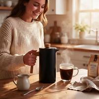 Cafetière à piston en acier inoxydable noir mat avec poignée en bois, double paroi isolée, pour le thé