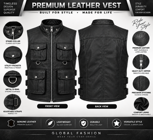 <b>Men's</b> <b>Black</b> Polyester Moto <b>Vest</b> Stand Collar Zipper Closure Multi Pockets Casual Outerwear Plus Size Regular Fit Solid Color - Product Image 5