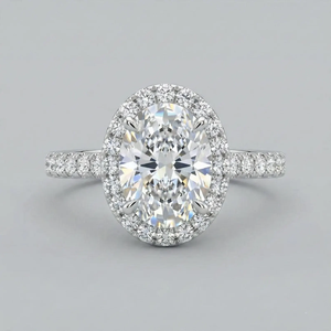 Bague de fiançailles en platine avec diamant ovale, halo et bande pavée, diamants naturels certifiés GIA couleur D, pierre classique pour femme - Product Image 1