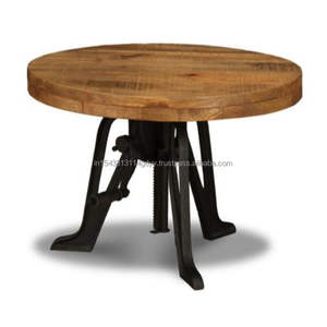 Mesa de manivela redonda ajustable, estilo industrial, sala de estar, entrada, pasillo, vestíbulo, base de pedestal de hierro de madera maciza - Product Image 3