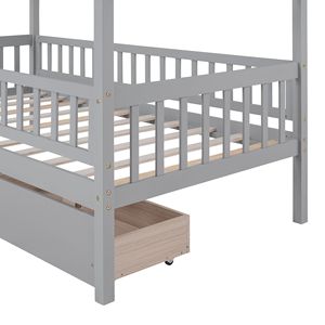 Letto a casetta in legno grigio a una piazza e mezza con due cassetti per bambini - Product Image 5