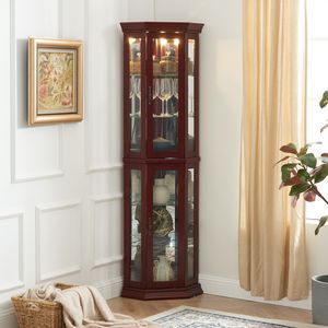 Vetrinetta Angolare con Ripiani in Vetro Temperato Regolabili, Retro a Specchio e Luci, Finitura Ciliegio (Lampadina E26 Non Inclusa) - Product Image 1