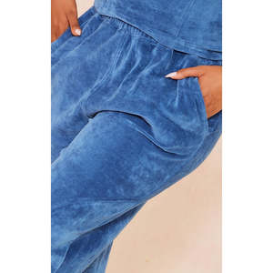 Customized Women Blue Velour Jogger Sweatpant Comfortable Oversized <b>Flared</b> Cargo Pant with Elastic Waist& Side Pocket for Winter - Product Image 3