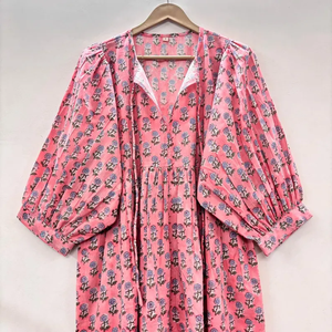 Vestido Casual Midi de Algodón Tejido Liso para Mujer con Mangas Abullonadas, Cintura Imperio, Estilo Babydoll, Cuello en V Oversize, Ajuste Holgado, Estilo Rajasthan - Product Image 5