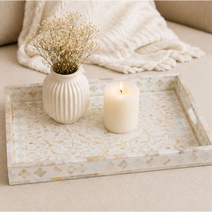 Bandeja de Lujo con Incrustaciones de Nácar Blanco, Bandeja Decorativa con Incrustaciones Florales de Hueso para Mesa de Centro, Decoración del Hogar y Hoteles - Product Image 2
