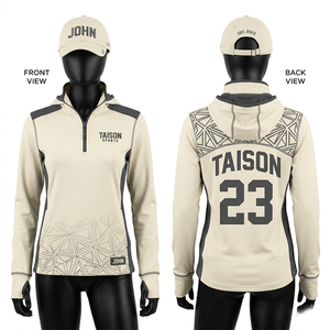 เสื้อฮู้ดดี้ผู้หญิงผ้าฟลีซคอตตอนโพลีเอสเตอร์พรีเมียม 320 GSM สีเบจ ซิป ¼  ระบายอากาศได้ดี พิมพ์ลายแบบซับลิเมชั่น รับสกรีนโลโก้ตามสั่ง - Product Image 4