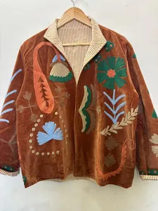 Handmade Bohemian Velvet Winter <b>Quilted</b> <b>Jacket</b> with Hand Embroidery Floral <b>Pattern</b> Lightweight Cotton Shell Open Stitch Closure - Product Image 4