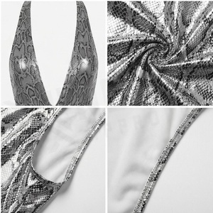 Traje de baño de una pieza con estampado de serpiente metálico para mujer, cuello en V profundo, con cordón ajustable, elástico, para playa - Product Image 4