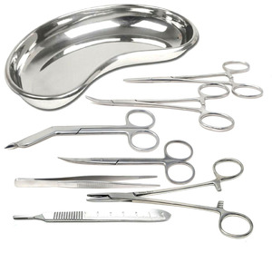 Kit de chirurgie mineure de base de 13 pièces - Plateau réniforme en acier inoxydable durable, instruments chirurgicaux essentiels pour interventions mineures - Product Image 1