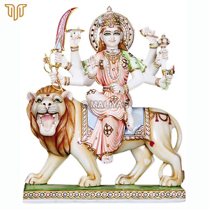 Mata Durga Seated on Lion with Sword and Lotus | White Marble Divine Sculpture with Ornate Halo by MALIYAS Jaipur - Product Image 2