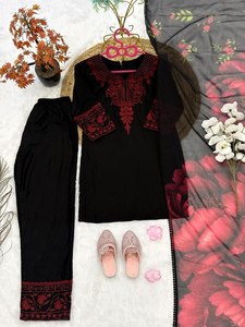 Ensemble Salwar Kameez pakistanais noir pour filles, 3 pièces, avec kurta brodée, dupatta fleuri, tenue pour fête de l'Aïd, mariage - Product Image 6