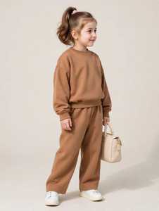 Ensemble de survêtement en coton marron pour filles, manches longues, col rond, coupe ample, couleur unie, pantalon de jogging avec poches latérales, tenue décontractée d'automne - Product Image 5