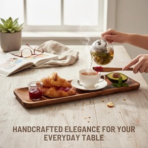 Premium Acacia Wood Serving <b>Tray</b> with Handles – Long Rectangular Wooden Food & Snack <b>Tray</b> for Kitchen Dining Hotel & Home Decor - Product Image 3