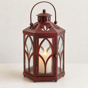 Farol de Jardín Metálico con Vidrio y Vela LED, Farol Hexagonal de Hierro Color Borgoña, Farol de Porche para Exteriores - Product Image 1