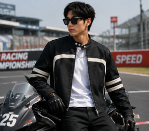 Custom Unisex Motorcycle <b>Racing</b> <b>Jacket</b> – Men’s & Women’s Vintage Moto Streetwear <b>Jacket</b> with Contrast Stripes and Zip Pockets - Product Image 3