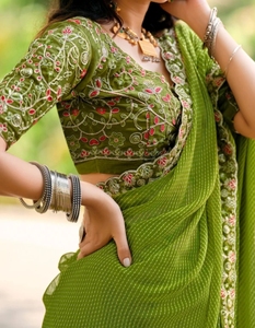 Sari en Georgette Brodé Rayé pour Femme KV, Style Bollywood, avec Blouse Non Cousue (Vert), Réversible, Séchage Rapide, Infroissable, Idéal Mariage - Product Image 5