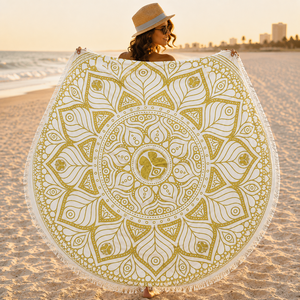 Toalla de Playa Redonda con Estampado de Mandala y Flecos, Estilo Lujoso, para Uso en Verano, de Fabricante Profesional - Product Image 5