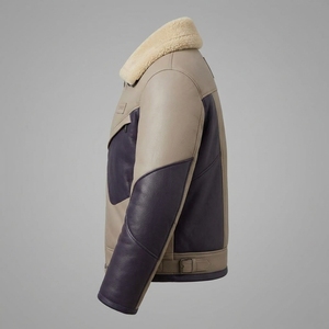 Taupe Purple Color Block <b>Mens</b> Genuine Shearling Leather Jacket Heavy <b>Fleece</b> Fur Collar B3 Aviator Flight Bomber Winter Outerwear - Product Image 4