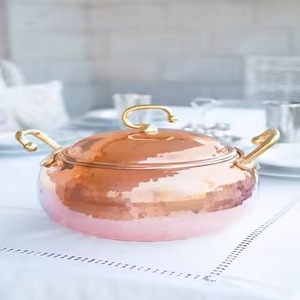 Olla de Cobre de Lujo Forjada a Mano, Olla Redonda para Sopa, Utensilios de Cocina con Asas Curvas de Latón y Tapa - Product Image 1