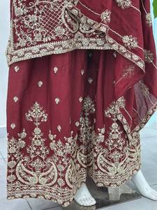 Conjunto de traje indio pakistaní de seda bordada en color rojo vino, Salwar Kameez Dupatta, atuendo tradicional para bodas y fiestas para mujeres, ropa elegante. - Product Image 5
