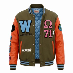 MAX WORLD ENTERPRISES Men's Blue <b>Yellow</b> Color Block Thick Winter <b>Wool</b> Varsity Jacket Stand Collar Embroidered Logo Streetwear - Product Image 1