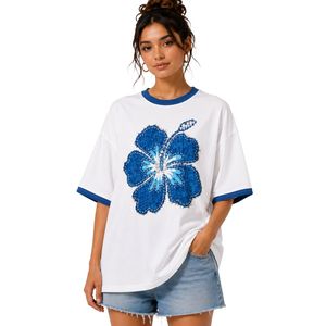 Camiseta Blanca Extra Grande Personalizada para Mujer con Estampado Gráfico de Flor de Hibisco Azul, Camiseta Casual de Algodón para Verano, Personalizada OEM ODM al por Mayor - Product Image 2