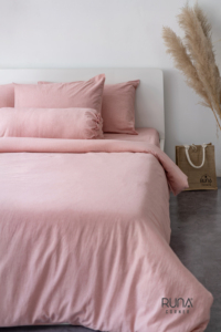 Customized Bedding Set 100% Washed Cotton Color Rose Pink High Quality Bedding Set 3 Pieces Pillow case Elastic Mattress cover - Product Image 1