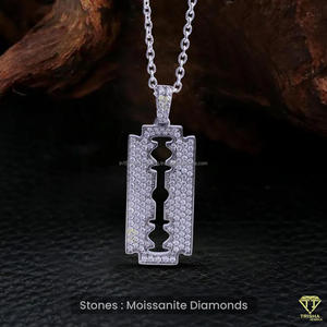 Designer Razor Blade Pendant <b>Necklace</b> With Moissanite Diamonds <b>Solid</b> <b>Silver</b> Iced Out Streetwear Jewelry Style - Product Image 5