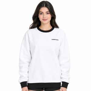 Sudadera Blanca de Cuello Redondo para Mujer, Corte Regular, Color Sólido, Detalles Negros, Estampado de Letras, Ropa Casual de Otoño, Tejido de Punto 100% Algodón - Product Image 3