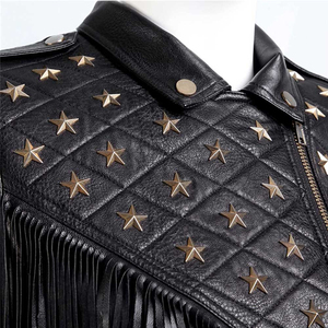 Zipper Design Wholesale Woman Leather Clothes Black <b>Biker</b> Motorcycle Punk Studded Real Leather <b>Jackets</b> Women Leather Stud Jacke - Product Image 5