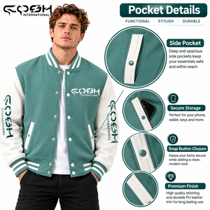 Chaqueta Varsity para Hombre en Verde Azulado y Blanco, Estilo Letterman con Bloques de Color, Cierre de Botones a Presión y Logotipo en la Manga - Product Image 5