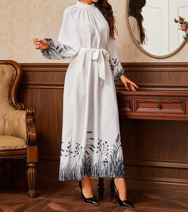 Robe longue pour femme à col montant, manches longues, ceinturée, avec poignets et ourlet à imprimé botanique, pour occasions décontractées ou de fête - Product Image 5