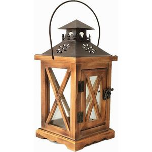 Lanterne à bougie en bois de style moderne avec finition en bois brun naturel et métal noir, lanterne décorative à poser ou à suspendre, prix bas - Product Image 3