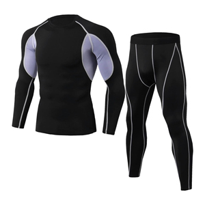 Ensemble de compression unisexe noir uni à manches longues, col rond, longueur intégrale, séchage rapide, respirant, anti-UV, vêtements de sport et de fitness - Product Image 1