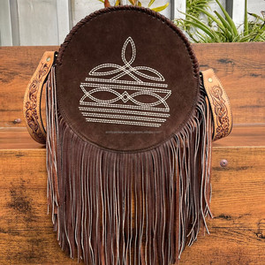 2025 nueva venta al por mayor de gran capacidad de punto de bota de cuero de ante redondo bandolera con flecos bolsos circulares de cuero genuino para mujer - Product Image 3