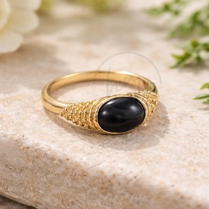 Minimalist Black Onyx Gold <b>Ring</b> for Women Handmade Textured Band with Beaded Side Design Elegant Slim <b>Statement</b> <b>Ring</b> - Product Image 3