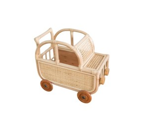Poussette-chariot en rotin tressé à la main avec roues en bois, poussette jouet en osier faite à la main pour la chambre d'enfant, rangement pour chambre d'enfant - Product Image 1