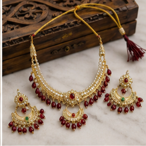 Gold Plated Ethnic Necklace and Earring <b>Set</b> with Red Tassel and <b>Crystal</b> Rhinestone for Women Wedding Festival Wear - Product Image 2