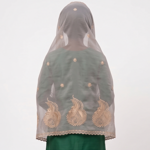Châle en mousseline gris pour femme, brodé de fleurs, orné de strass et de bordure dorée, léger, respirant, style ethnique Moyen-Orient, été - Product Image 4