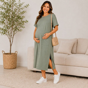 Robe de nuit de maternité en coton et polyester, longueur mi-mollet, manches courtes, col rond, couleur unie, respirante, coupe ample - Product Image 4