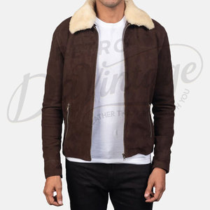 Chaqueta de Cuero de Gamuza Marrón Premium para Hombre con Cuello de Piel Crema, Corte Ajustado, Cálida para Invierno, Estilo Bomber con Cierre, Ropa Exterior Informal - Product Image 1