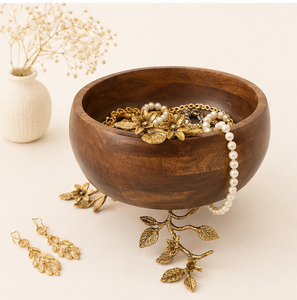 Bol à salade en bois de manguier artisanal de luxe avec accents floraux en laiton, centre de table décoratif haut de gamme, bol à fruits pour la décoration intérieure - Product Image 2