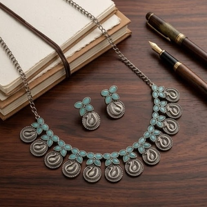 DIVYORO TURQUOISE PEACOCK LINK CLASSIC STATEMENT OXIDIZED SILVER <b>LONG</b> ADJUSTABLE <b>NECKLACE</b> for WOMEN'S ANNIVERSARY - Product Image 3