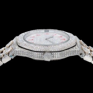 luxury wristwatch diamond encrusted octagonal bezel fully jeweled dial <b>red</b> numerals silver hands opulent <b>bracelet</b> timeless - Product Image 3