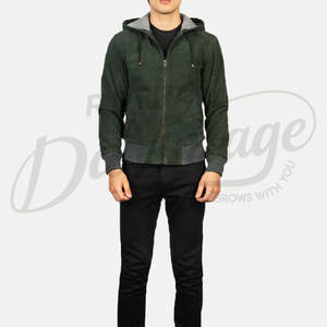 Blouson bomber en daim véritable vert forêt pour homme avec doublure grise contrastante, poignets côtelés et fermeture éclair - Product Image 3