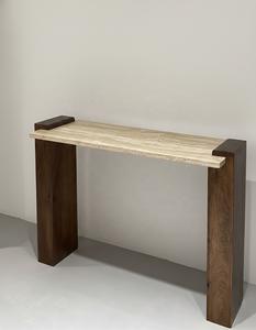 Midcentury Modern Console <b>Table</b> Leg for Living Room Entry Solid Wood Travertine Top Eco-Friendly Durable B2B Furniture India - Product Image 1