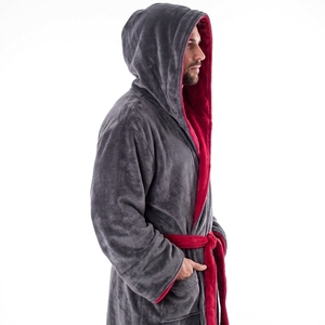 Custom Men Flannel <b>Bathrobe</b> Shawl Collar Robe Spa Sleepwear <b>Hooded</b> Robe <b>with</b> Pockets - Product Image 6