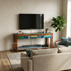 Rustic Teak Wooden <b>Console</b> <b>Table</b> 5 Drawers Eco-Friendly <b>Storage</b> Antique Design Villa Entryway Living Room Apartment Hotel - Product Image 5